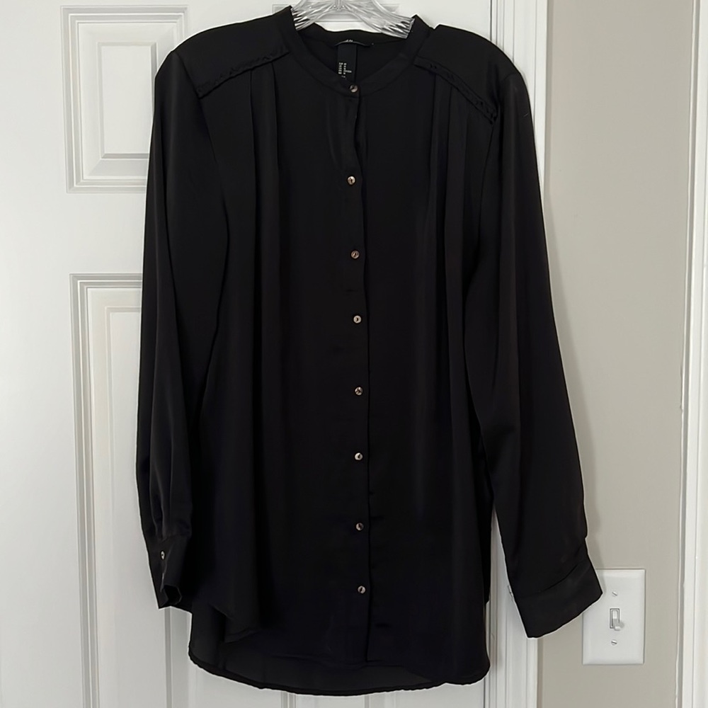 H&M “silky” black button down with braid detail at shoulder